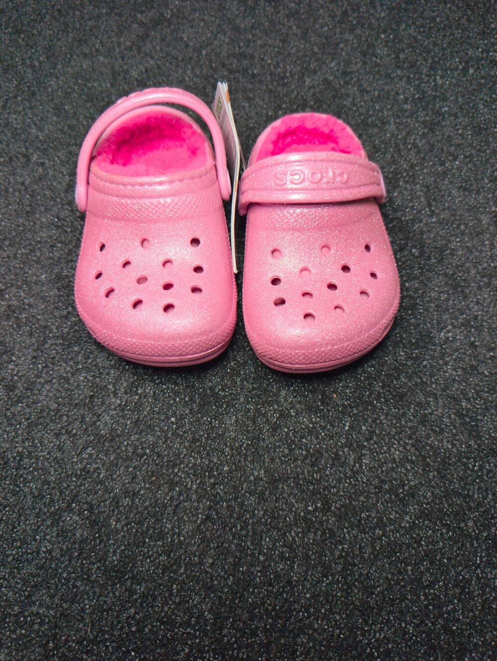 Crocs Classic Lined Glitter Clog Pink Tweed Toddler C5 Fuzzy Shoes NWT